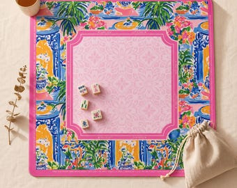 Mahjong Game Mat Pink Riviera Scoring Layout, Preppy Tropical Design, 2 Sizes 22×22 & 31.5×31.5 in, Luxury Table Pad