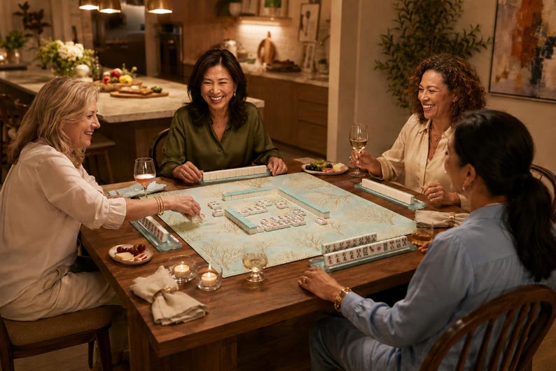 Mahjong Game Mat Gold Coral Sea Luxury Sage Green Design, 2 Sizes 22×22 & 31.5×31.5 in, Elegant Mahjong Table Pad image 3