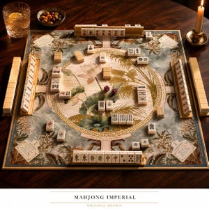 May include: A Mahjong Imperial game set featuring a square board with a central lotus flower and palm leaf illustration, surrounded by a Greek key border. The set includes ivory-colored tiles with black and red markings, tile racks, and two red dice.
