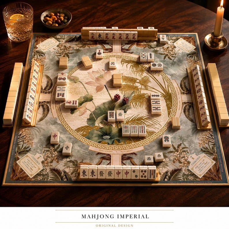 May include: A Mahjong Imperial game set featuring a square board with a central lotus flower and palm leaf illustration, surrounded by a Greek key border. The set includes ivory-colored tiles with black and red markings, tile racks, and two red dice.