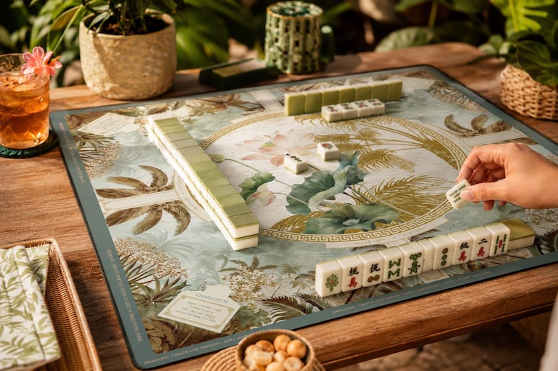 Mahjong Game Mat Lotus Imperial Scoring Layout, Botanical Silk Look, 2 Sizes 22×22 & 31.5×31.5 in, Luxury Table Pad image 3