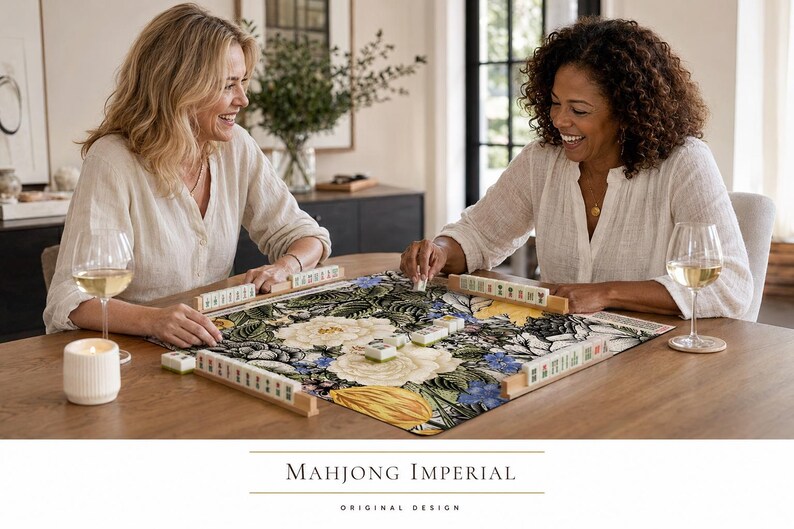 Tapete de juego Mahjong Imperial con grabado botánico en amarillo y negro | 2 tamaños | Cubierta para mesa de Mahjong | Arte imagen 4
