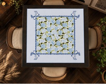 Tapete de Mahjong de Hortensias Azules | Tapete de Mesa de Mahjong Americano | Tapete de Juego de Hortensias Florales | Tapete de Mahjong Jardín Campestre | Diseño Original