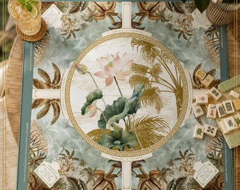 Mahjong Game Mat Lotus Imperial Scoring Layout, Botanical Silk Look, 2 Sizes 22×22 & 31.5×31.5 in, Luxury Table Pad