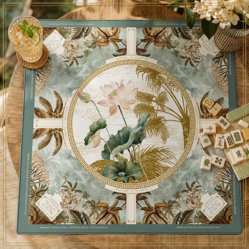 Mahjong Game Mat Lotus Imperial Scoring Layout, Botanical Silk Look, 2 Sizes 22×22 & 31.5×31.5 in, Luxury Table Pad image 1
