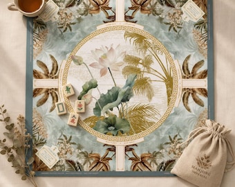 Mahjong Game Mat Lotus Imperial Scoring Layout, Botanical Silk Look, 2 Sizes 22×22 & 31.5×31.5 in, Luxury Table Pad