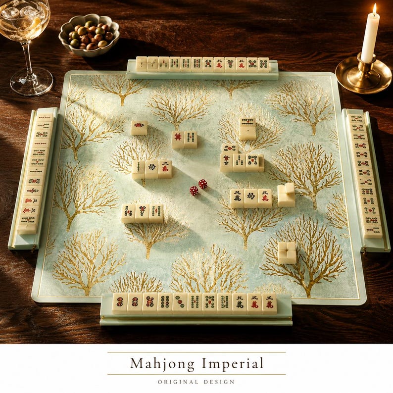 May include: A Mahjong game set featuring a square board with a light blue background and gold tree patterns. The set includes ivory-colored tiles with black and red characters, four tile racks, and two red dice. Text reads Mahjong Imperial.