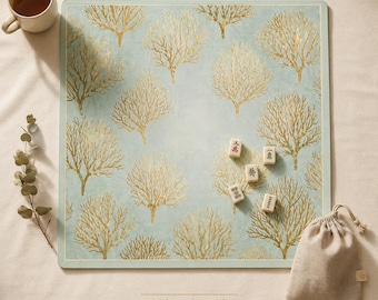 Mahjong Game Mat Gold Coral Sea Luxury Sage Green Design, 2 Sizes 22×22 & 31.5×31.5 in, Elegant Mahjong Table Pad