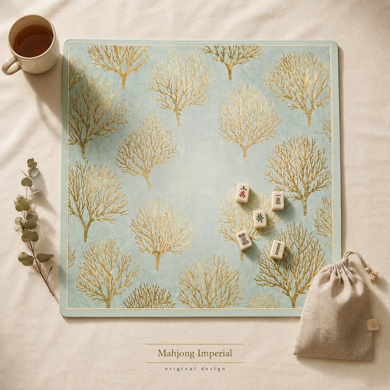 May include: A square light blue game mat featuring a repeating pattern of gold-colored coral-like tree silhouettes. Five small rectangular mahjong tiles with black and red characters are placed on the mat, accompanied by a beige drawstring storage bag.