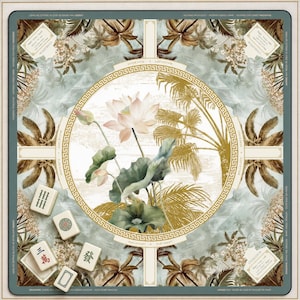 Mahjong Game Mat Lotus Imperial Scoring Layout, Botanical Silk Look, 2 Sizes 22×22 & 31.5×31.5 in, Luxury Table Pad image 2