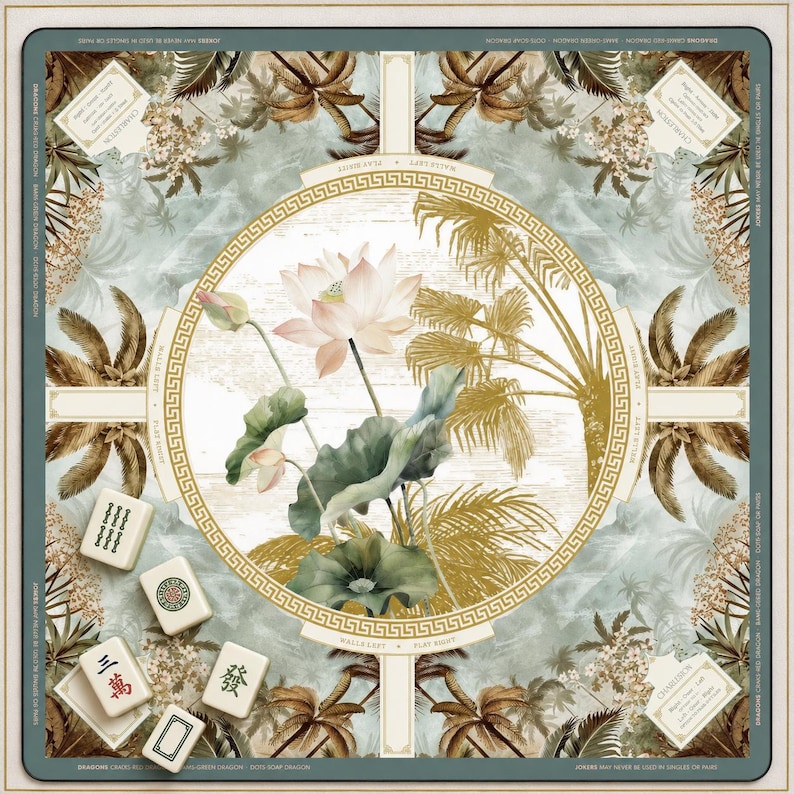 Mahjong Game Mat Lotus Imperial Scoring Layout, Botanical Silk Look, 2 Sizes 22×22 & 31.5×31.5 in, Luxury Table Pad image 2