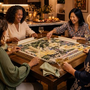 Puede incluir: Un juego de mahjong cuadrado con un estampado bot&aacute;nico detallado de grandes flores blancas y follaje verde en las fichas y la superficie de juego. El set incluye un marco de madera, soportes para fichas y fichas rectangulares grabadas.