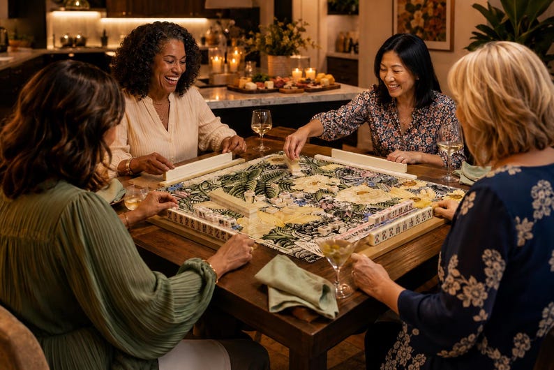 Puede incluir: Un juego de mahjong cuadrado con un estampado bot&aacute;nico detallado de grandes flores blancas y follaje verde en las fichas y la superficie de juego. El set incluye un marco de madera, soportes para fichas y fichas rectangulares grabadas.