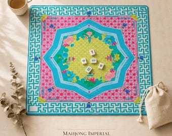 Tapete de Mahjong con diseño de jardín chinoiserie | Tapete de mesa de Mahjong americano | Tapete de juego floral rosa turquesa | 2 tamaños | Diseño original