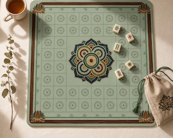 Tapete de juego de Mahjong Zen Mandala – Diseño de bambú y loto verde salvia, 2 tamaños: 22 × 22 y 31,5 × 31,5 pulgadas, tapete de mesa de lujo