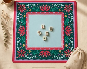 Tapete de juego de Mahjong Folk Floral – Diseño festivo en esmeralda y rojo, 2 tamaños: 22×22 y 31,5×31,5 pulgadas, tapete de mesa de Mahjong bohemio