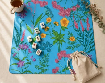 Tapete de Mahjong Floral Azul – Tapete de juego botánico, diseño de flores silvestres, 2 tamaños 22×22 y 31.5×31.5 pulgadas, tapete para mesa de Mahjong