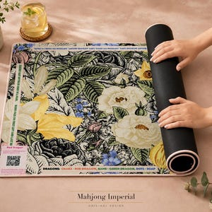 Tapete de juego Mahjong Imperial con grabado botánico en amarillo y negro | 2 tamaños | Cubierta para mesa de Mahjong | Arte imagen 7