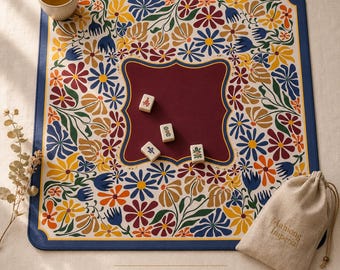 Tapete de Mahjong Floral Escandinavo | Tapete de Mesa de Mah Jongg Americano | Tapete de Juego de Flores de Arte Popular | 2 Tamaños | Diseño Original