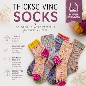 以下が含まれることがあります： THICKSGIVING SOCKSのデジタルパターン。編み物をする人向けのカラフルでクラシックな模様が特徴です。バニラ、リブ編み、ケーブル編みの3つのスタイルがあり、複数のサイズ、詳細なサイズ情報、ゲージ情報、ステップバイステップの指示が含まれています。