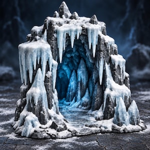 Könnte beinhalten: Eine Miniatur-Felsenhöhle mit zerklüfteten grauen Gesteinsformationen, die mit weißem Schnee und durchscheinenden blauen Eiszapfen bedeckt sind. Der Eingang offenbart ein tiefblau leuchtendes Inneres mit kristallinen Stalagmiten und Boden.