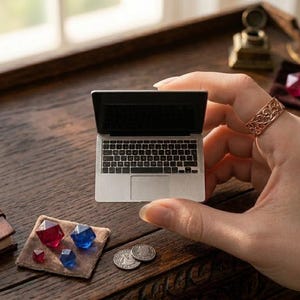 May include: A miniature silver-coloured laptop held in a hand, featuring a black screen, a detailed keyboard, and a trackpad. The device is small enough to be held between fingers, showcasing a realistic design with a metallic finish and black keys.