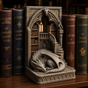 Serre-livres dragon STL, fichier d'impression 3D pour bibliothèque gothique, décoration d'étagère fantastique