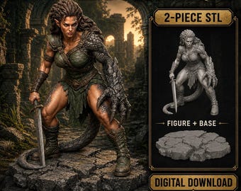 Stoneclaw Huntress STL, Shapeshifter Warrior, 2 Piece Fantasy Huntress 3D Print File