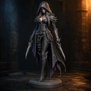 May include: A detailed figurine of a hooded figure dressed in a black corset, fitted trousers, and a long coat with purple accents. The figure wears ornate armor on the shoulders and arms, and holds a sharp, curved blade in each hand.
