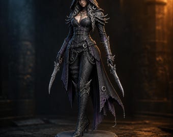 Figura de fantasía imprimible en 3D de Pícaro encapuchado STL, Asesina femenina con dos dagas.