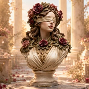 May include: A stone-colored bust of a person with long wavy hair, wearing a blindfold and a crown of roses. The figure is adorned with a detailed floral collar featuring sculpted leaves and roses, set upon a pedestal with the text AzreaStudio.