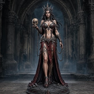 Peut inclure: Une figurine détaillée représentant un personnage aux cheveux sombres portant une couronne, un corsage rouge et noir et une longue jupe fluide. Le personnage tient un crâne humain et est orné de chaînes métalliques drapées sur les bras.