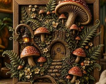 Mushroom Cottage 3D STL Wall Art, Fairy Forest Relief, Printable Cottagecore Decor