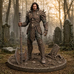 May include: A detailed figurine of a warrior wearing dark brown textured armor with skull accents and a hooded cloak. The figure stands on a circular base, holding a tall, double-bladed battle axe with a long handle in the right hand.