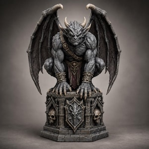 Op de afbeelding: Een grijs, gespierd waterspuwerbeeld met grote, gespreide vleugels, hoorns en scherpe klauwen. Het figuur draagt een borstriem en polsbanden en hurkt op een stenen voetstuk versierd met uitgesneden schedels en een centraal schildembleem.