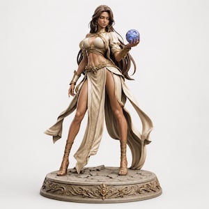 Peut inclure: Une figurine détaillée représentant une silhouette aux longs cheveux vêtue d'une tenue beige fluide avec des accents dorés, posée sur un socle en pierre craquelée. La figurine tient un orbe bleu lumineux et porte des sandales à lacets.