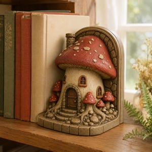 May include: A decorative bookend shaped like a house inside a large mushroom with a red cap and white spots. The structure features a central arched door, small windows, a chimney, and smaller mushrooms growing around the base on a stone-like platform.