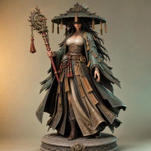 May include: A detailed figurine of a warrior wearing a wide-brimmed hat, a layered green and beige robe, and a blindfold. The figure holds a tall, ornate staff with a red shaft and a circular top, standing on a circular stone-textured base.