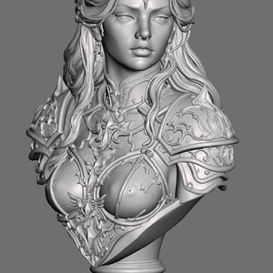 May include: A gray 3D digital sculpture bust of a figure wearing an ornate crown, intricate shoulder armor, and a chest piece with detailed filigree. The base features a prominent lion head relief, and the figure has long, flowing hair.