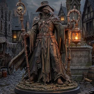 May include: A detailed figurine of a plague doctor wearing a wide-brimmed hat and a long, tattered coat. The figure holds a staff topped with a skull and a glowing lantern. The base features the text AzreaStudio, set against a dark, cobblestone street.