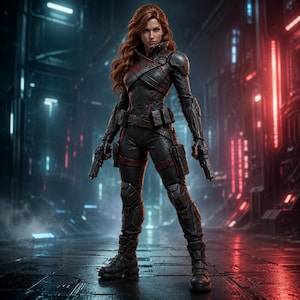 May include: A figure with long wavy auburn hair wearing a black and dark red tactical bodysuit with reinforced armor plating on the shoulders, knees, and shins. The outfit includes a utility belt with pouches and two handguns held in each hand.