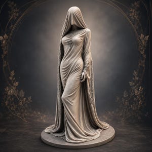 Könnte beinhalten: Eine beige Skulptur einer stehenden Figur, gehüllt in ein langes, fließendes Gewand und einen Kapuzenschleier, der das Gesicht verdeckt. Das Kleidungsstück weist aufwendige Spitzendetails am Ausschnitt und an den Rändern auf, mit Stoff am runden Sockel.