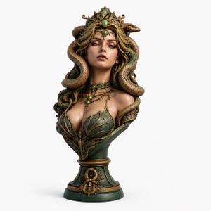 Könnte beinhalten: Eine detaillierte Büste einer Figur mit langem, welligem Haar, das von Schlangen durchzogen ist. Die Figur trägt eine Krone und eine Halskette mit grünen Cabochon-Steinen sowie ein grünes Oberteil mit goldenen Filigran-Details.