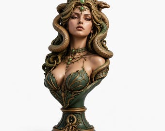 May include: A detailed bust sculpture of a figure with long wavy hair intertwined with snakes. The figure wears a crown and necklace featuring green cabochon stones, and a green bodice with gold filigree details, set on a pedestal base.
