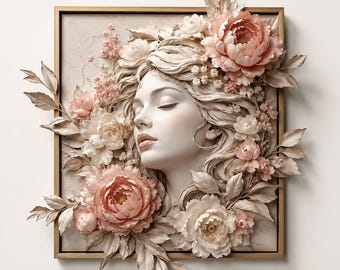Floral Frau Wand Kunst STL, 3D druckbare weibliche Porträt Relief, elegante Blume Wohnkultur
