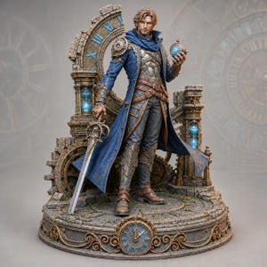 Pode incluir: Uma estatueta de fantasia detalhada de um guerreiro com casaco azul e armadura prateada, segurando uma espada e um orbe azul brilhante. A personagem está sobre uma base circular de pedra com elementos de relojoaria, algarismos romanos e ampulhetas.