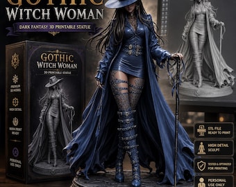 Modelo STL para impresión 3D de mujer bruja gótica, estatua femenina de fantasía oscura con bastón.