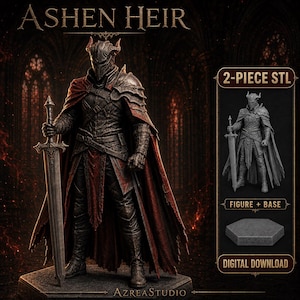 May include: A 3D printable digital file of a warrior figure titled Ashen Heir, featuring a horned helmet, dark textured armor, and a long red cape. The figure holds a large sword and stands on a hexagonal base. Includes 2-piece STL files.