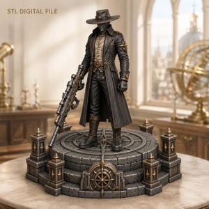 May include: A digital STL file figurine of a character wearing a wide-brimmed hat, a long dark coat, and a mask, holding a long-barreled rifle. The figure stands on a circular, tiered stone-textured base with bronze-colored accents and a compass design.