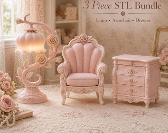 Floral Dollhouse Furniture STL Bundle, Rose Lamp Chair Dresser Miniature Decor STL
